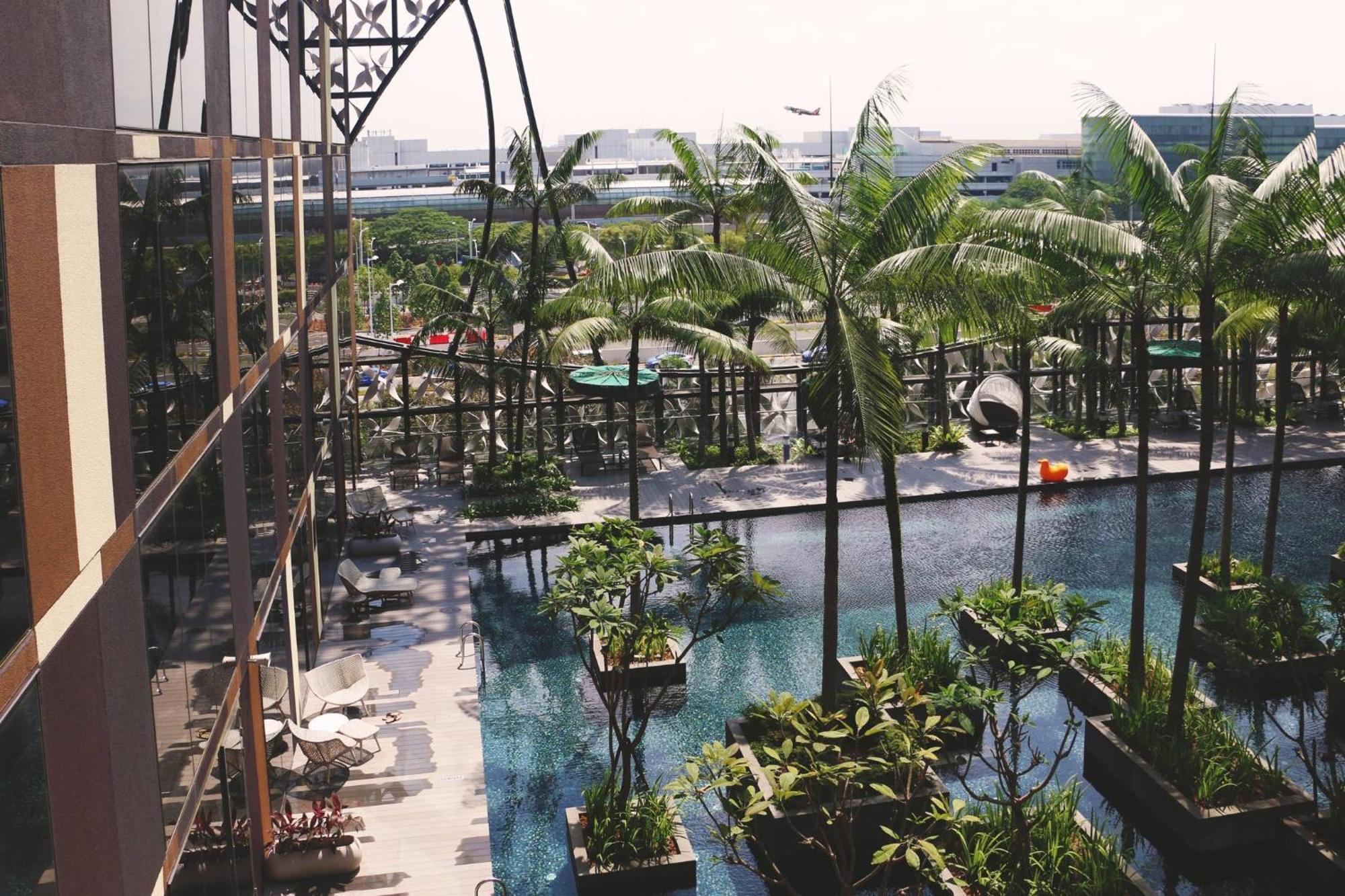 Crowne Plaza Changi Airport By Ihg Σιγκαπούρη Εξωτερικό φωτογραφία The photo depicts a scenic view from a balcony or terrace, showcasing a luxurious swimming pool surrounded by greenery. There are several palm trees and potted plants, contributing to a tropical atmosphere. The pool area also includes lounge chairs, 